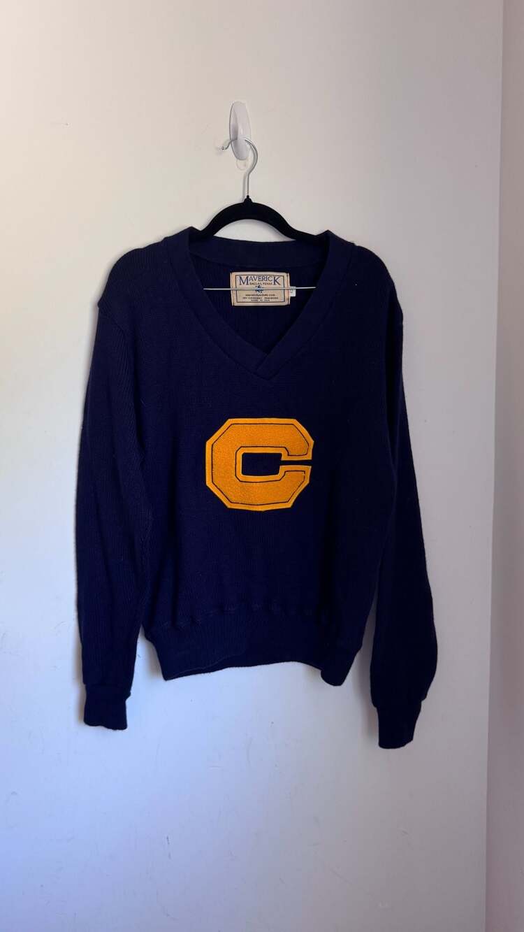Vintage Maverick Dallas Texas Navy Blue Wool Varsity Letterman Sweater Chenille